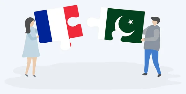 Casal Segurando Duas Peças Quebra Cabeças Com Bandeiras Francesas Paquistanesas — Vetor de Stock