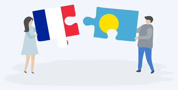 一对夫妇拿着两个拼图 上面挂着法国和帕劳国旗 法国和帕劳国家符号在一起 — 图库矢量图片