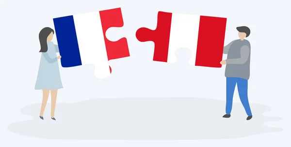 Ζευγάρι Που Κρατά Δύο Κομμάτια Παζλ Γαλλικές Και Περουβιανές Σημαίες — Διανυσματικό Αρχείο