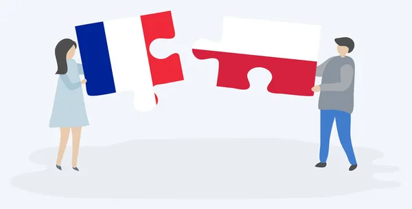 Пара Держащая Две Головоломки Французскими Польскими Флагами Государственные Символы Франции — стоковый вектор