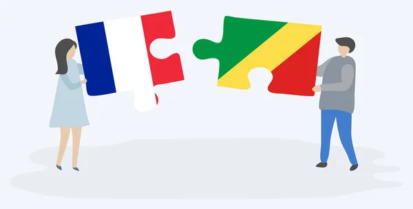 Couple Tenant Deux Pièces Puzzles Avec Des Drapeaux Français Congolais — Image vectorielle