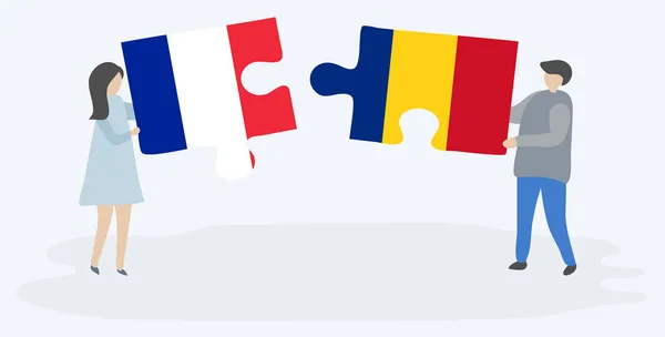 Para Trzyma Dwa Kawałki Puzzli Francuskimi Rumuńskimi Flagami Symbole Narodowe — Wektor stockowy