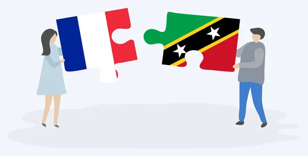 Paar Houden Twee Puzzels Stukken Met Franse Kittitian Vlaggen Frankrijk — Stockvector