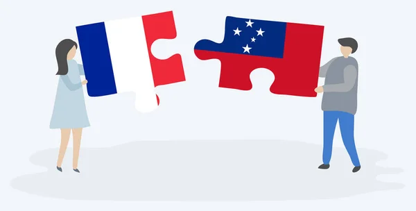 Couple Tenant Deux Pièces Puzzles Avec Des Drapeaux Français Samoans — Image vectorielle