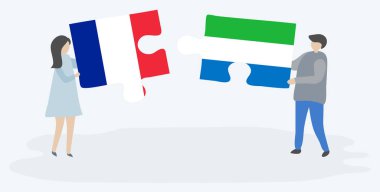 Fransız ve Sierra Leone bayrakları ile iki bulmaca parçaları tutan çift. Fransa ve Sierra Leone ulusal sembolleri birlikte.