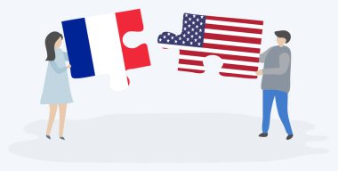Fransız ve Amerikan bayrakları ile iki bulmaca parçaları tutan çift. Fransa ve Amerika Birleşik Devletleri ulusal sembolleri birlikte.