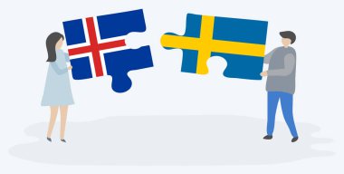 İzlanda ve İsveç bayrakları ile iki bulmaca parçaları tutan çift. İzlanda ve İsveç ulusal sembolleri birlikte.