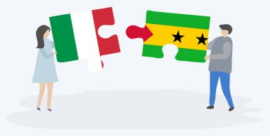 İtalyan ve Sao Tomean bayrakları ile iki bulmaca parçaları tutan çift. İtalya ve Sao Tome ve Principe ulusal sembolleri birlikte.