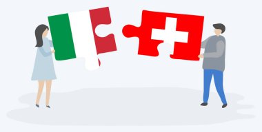 Çift İtalyan ve İsviçre bayrakları ile iki bulmaca parçaları tutan. İtalya ve İsviçre ulusal sembolleri birlikte.