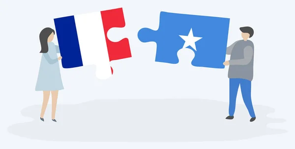 Пара Держащая Две Головоломки Французскими Сомалийскими Флагами Государственные Символы Франции — стоковый вектор