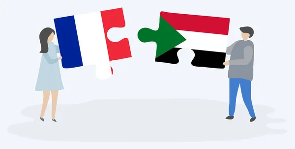 Paar Houden Twee Puzzels Stukken Met Franse Sudanese Vlaggen Frankrijk — Stockvector