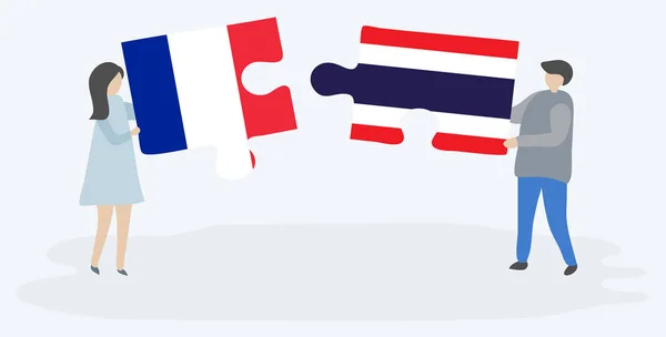 Pár Jich Drží Dvě Skládanky Francouzskými Thajskými Vlajkami Národní Symboly — Stockový vektor