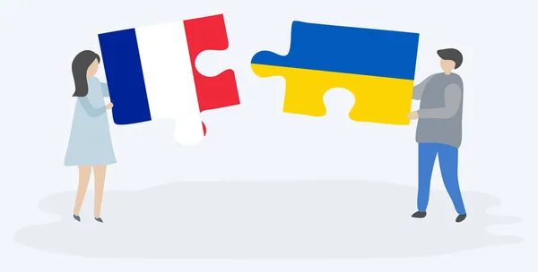 Paar Mit Zwei Puzzleteilen Mit Französischer Und Ukrainischer Flagge Nationale — Stockvektor