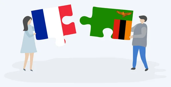 Couple Holding Two Puzzles Pieces French Zambian Flags France Zambia — Stock Vector