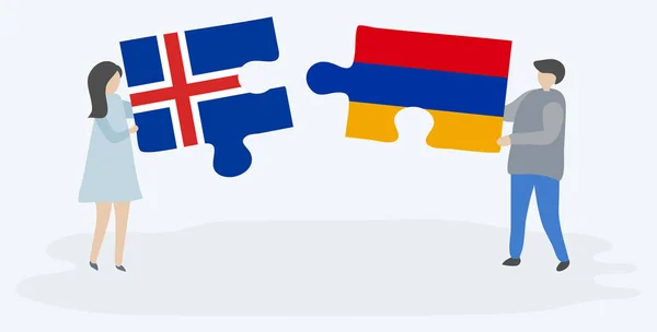 Ζευγάρι Που Κρατά Δύο Κομμάτια Παζλ Ισλανδικές Και Αρμενικές Σημαίες — Διανυσματικό Αρχείο