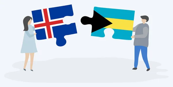 Casal Segurando Duas Peças Quebra Cabeças Com Bandeiras Islandesas Baianas —  Vetores de Stock