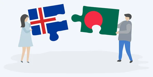 Pareja Sosteniendo Dos Piezas Rompecabezas Con Banderas Islandesas Bangladesíes Islandia — Vector de stock
