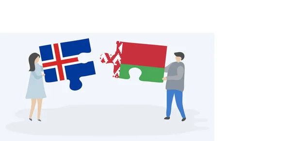 Paar Houden Twee Puzzels Stukken Met Ijslandse Wit Russische Vlaggen — Stockvector