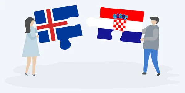 Casal Segurando Duas Peças Quebra Cabeças Com Bandeiras Islandesas Croatas —  Vetores de Stock