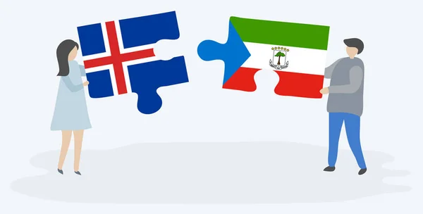 Pareja Sosteniendo Dos Piezas Rompecabezas Con Banderas Islandia Guinea Ecuatorial — Archivo Imágenes Vectoriales