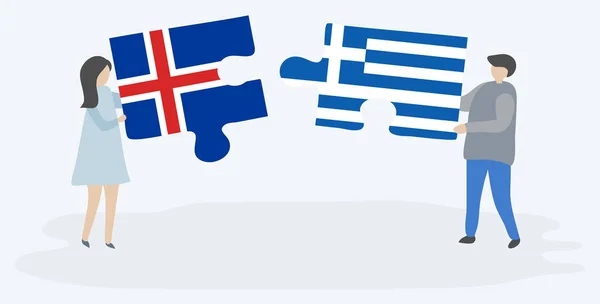 Ζευγάρι Που Κρατά Δύο Κομμάτια Παζλ Ισλανδικές Και Ελληνικές Σημαίες — Διανυσματικό Αρχείο