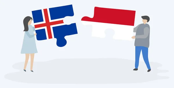 Ζευγάρι Που Κρατά Δύο Κομμάτια Παζλ Ισλανδικές Και Ινδονησιακή Σημαίες — Διανυσματικό Αρχείο
