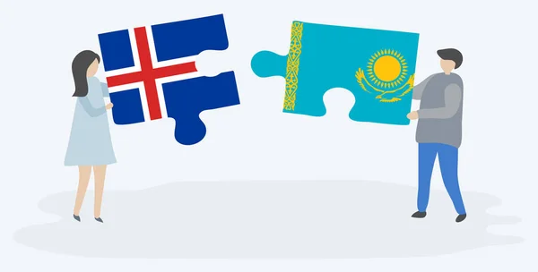 Zlanda Kazak Bayrakları Ile Iki Bulmaca Parçaları Tutan Çift Zlanda — Stok Vektör