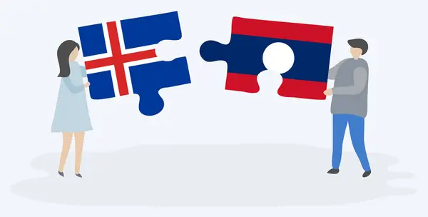 Ζευγάρι Που Κρατά Δύο Κομμάτια Παζλ Ισλανδικές Και Λάος Σημαίες — Διανυσματικό Αρχείο