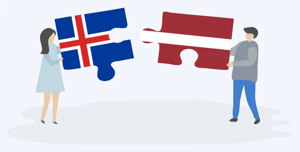 Paar Mit Zwei Puzzleteilen Mit Isländischen Und Lettischen Flaggen Island — Stockvektor
