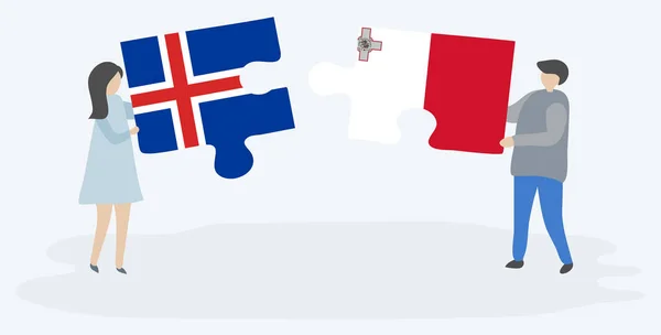Ζευγάρι Που Κρατά Δύο Κομμάτια Παζλ Ισλανδικές Και Μαλτέζικες Σημαίες — Διανυσματικό Αρχείο