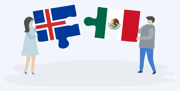 アイスランドとメキシコの旗を持つ2つのパズルのピースを保持しているカップル アイスランドとメキシコの国のシンボル — ストックベクタ