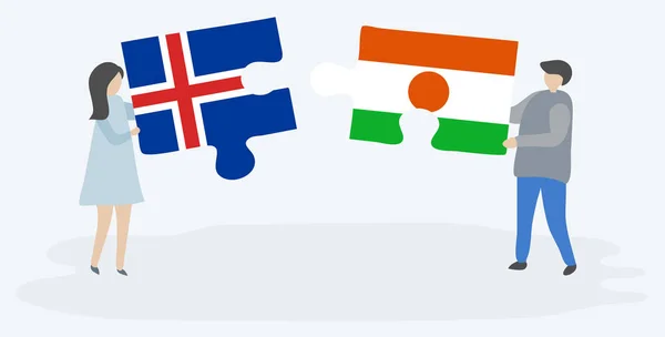 Pareja Sosteniendo Dos Piezas Rompecabezas Con Banderas Islandia Nigeria Islandia — Vector de stock