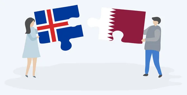 Paar Houden Twee Puzzels Stukken Met Ijslandse Qatari Vlaggen Ijsland — Stockvector