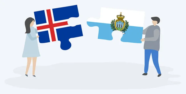 Pareja Sosteniendo Dos Piezas Rompecabezas Con Banderas Islandia Sammarinese Islandia — Vector de stock