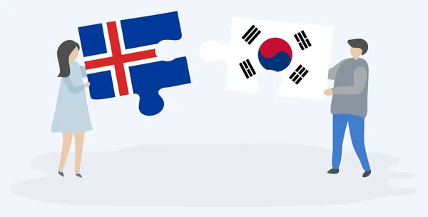 Couple Holding Two Puzzles Pieces Icelandic South Korean Flags Iceland — Stock Vector