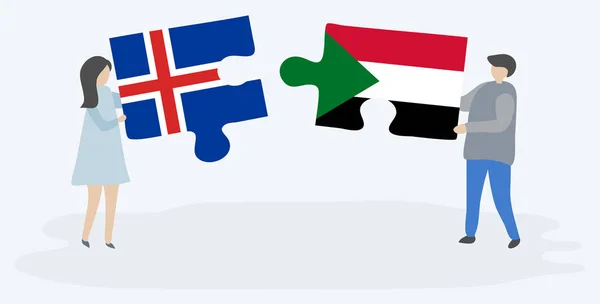 Para Trzymania Dwóch Puzzli Islandzkich Sudańskich Flag Symbole Narodowe Islandii — Wektor stockowy