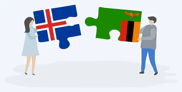 Ζευγάρι Που Κρατά Δύο Κομμάτια Παζλ Ισλανδικές Και Ζάμπια Σημαίες — Διανυσματικό Αρχείο