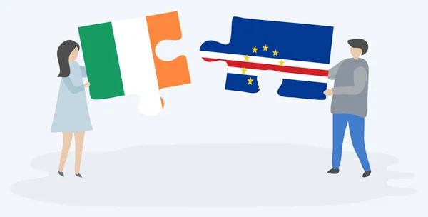 Paar Houden Twee Puzzels Stukken Met Ierse Cabo Verdean Vlaggen — Stockvector