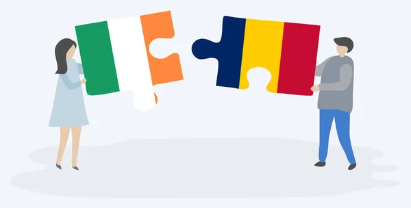 Couple Tenant Deux Pièces Puzzles Avec Des Drapeaux Irlandais Tchadiens — Image vectorielle