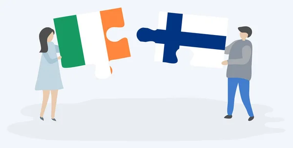 Para Trzyma Dwa Kawałki Puzzli Irlandzkimi Fińskimi Flagami Symbole Narodowe — Wektor stockowy