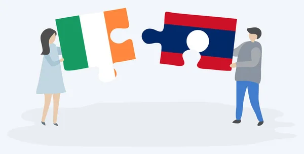 Para Trzyma Dwa Kawałki Puzzli Irlandzkim Lao Flagi Symbole Narodowe — Wektor stockowy