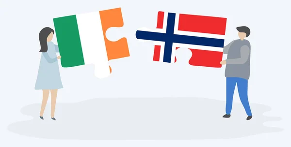 Par Som Innehar Två Pusselbitar Med Irländska Och Norska Flaggor — Stock vektor