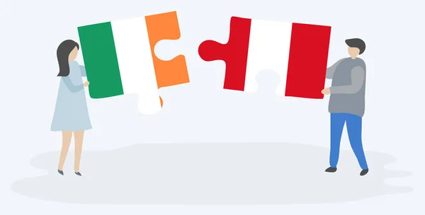 Pár Holding Két Puzzle Darab Perui Zászlókat Írország Peru Nemzeti — Stock Vector