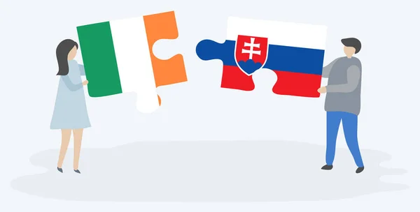 Couple Holding Two Puzzles Pieces Irish Slovak Flags Ireland Slovakia — Stock Vector