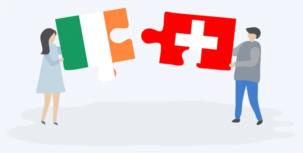 Pareja Sosteniendo Dos Piezas Rompecabezas Con Banderas Irlandesas Suizas Irlanda — Archivo Imágenes Vectoriales