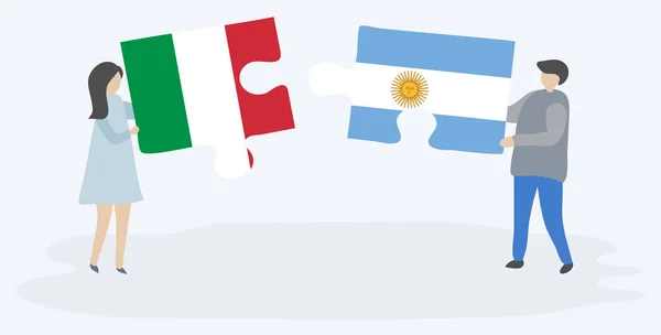 Pareja Sosteniendo Dos Piezas Rompecabezas Con Banderas Italianas Argentinas Italia — Vector de stock