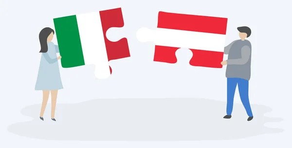 Pareja Sosteniendo Dos Piezas Rompecabezas Con Banderas Italianas Austriacas Italia — Archivo Imágenes Vectoriales