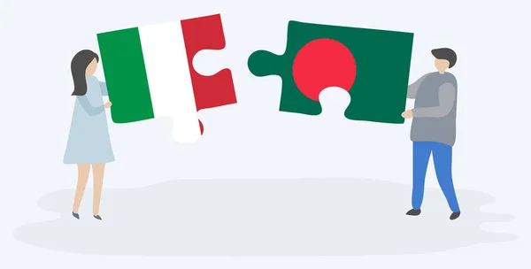 Pareja Sosteniendo Dos Piezas Rompecabezas Con Banderas Italianas Bangladesíes Italia — Vector de stock