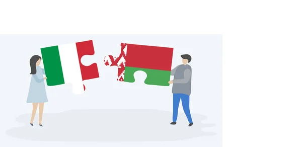 Paar Mit Zwei Puzzleteilen Mit Italienischen Und Weißrussischen Flaggen Nationalsymbole — Stockvektor