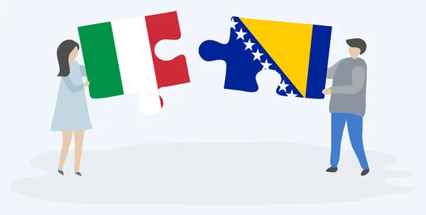 イタリアとボスニアの旗を持つ2つのパズルのピースを保持しているカップル イタリアとボスニア ヘルツェゴビナの国のシンボル — ストックベクタ